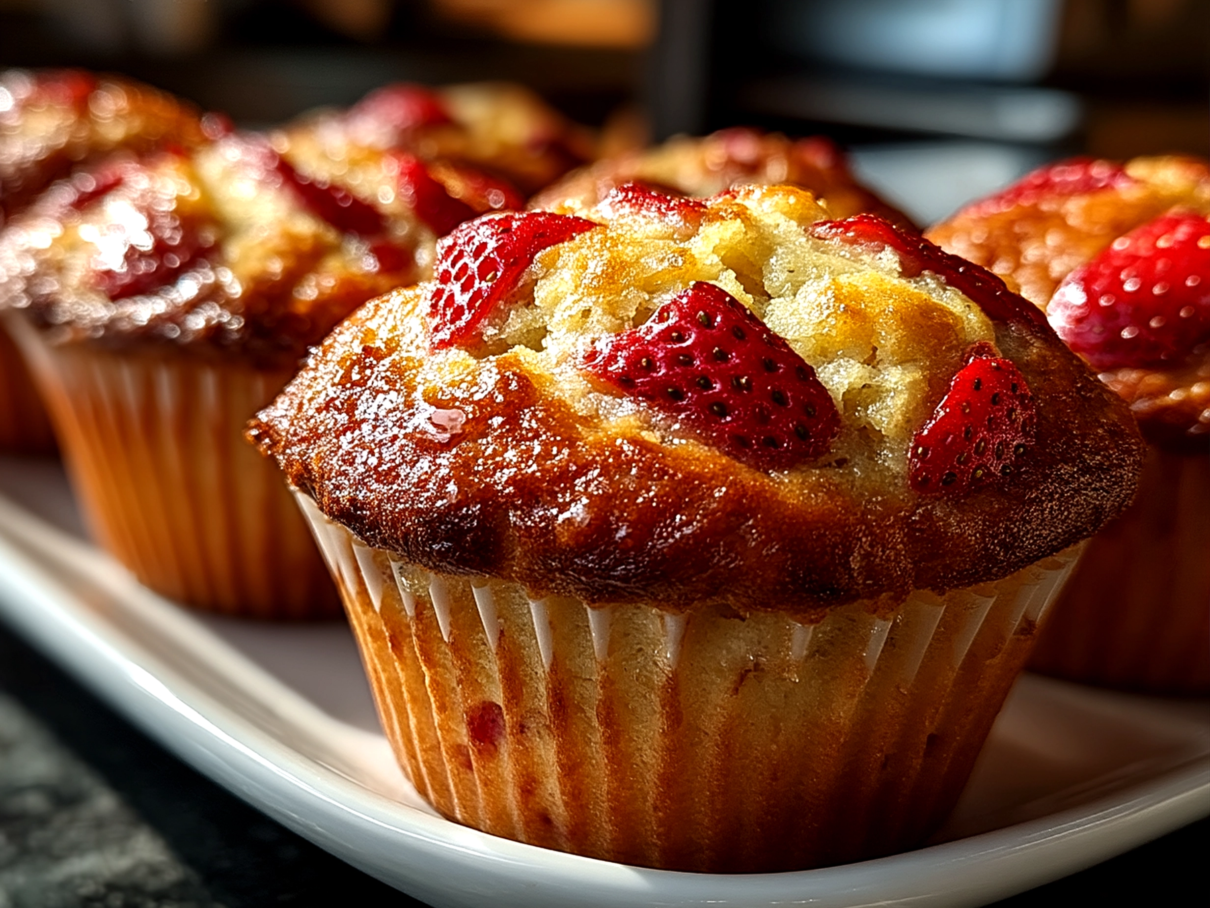 Freshly baked Strawberry Banana Muffins on a serving plate