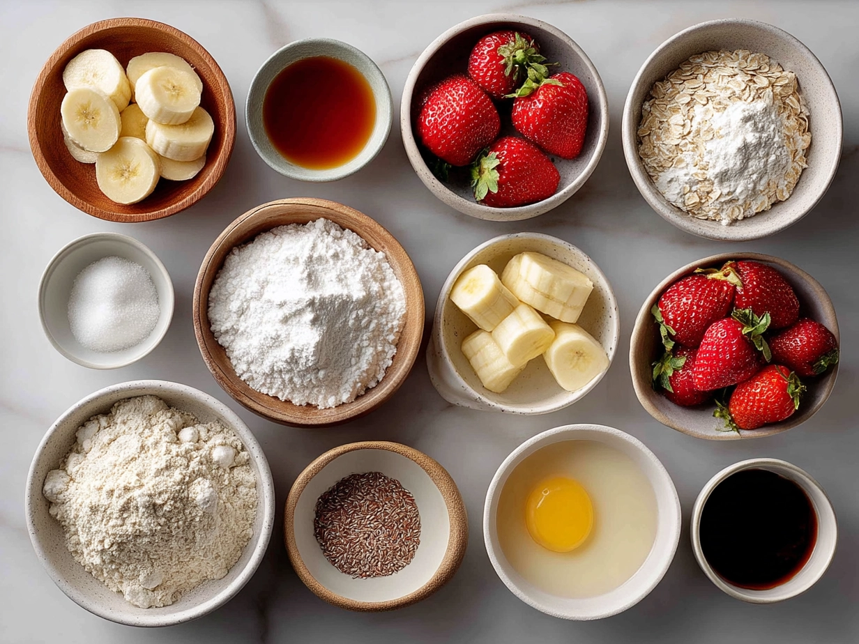 Ingredients laid out for Strawberry Banana Muffins recipe including flour, bananas, strawberries, eggs, and baking powder