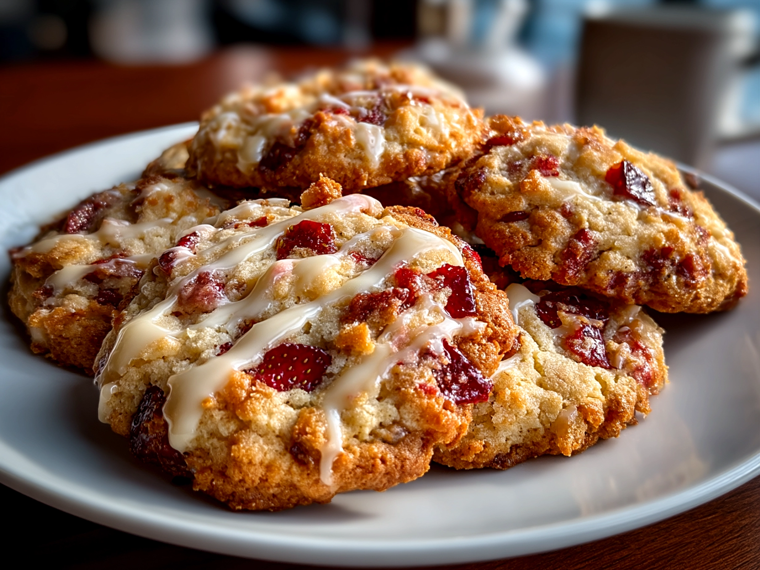 Freshly baked Strawberry Crunch Cookies ready to serve