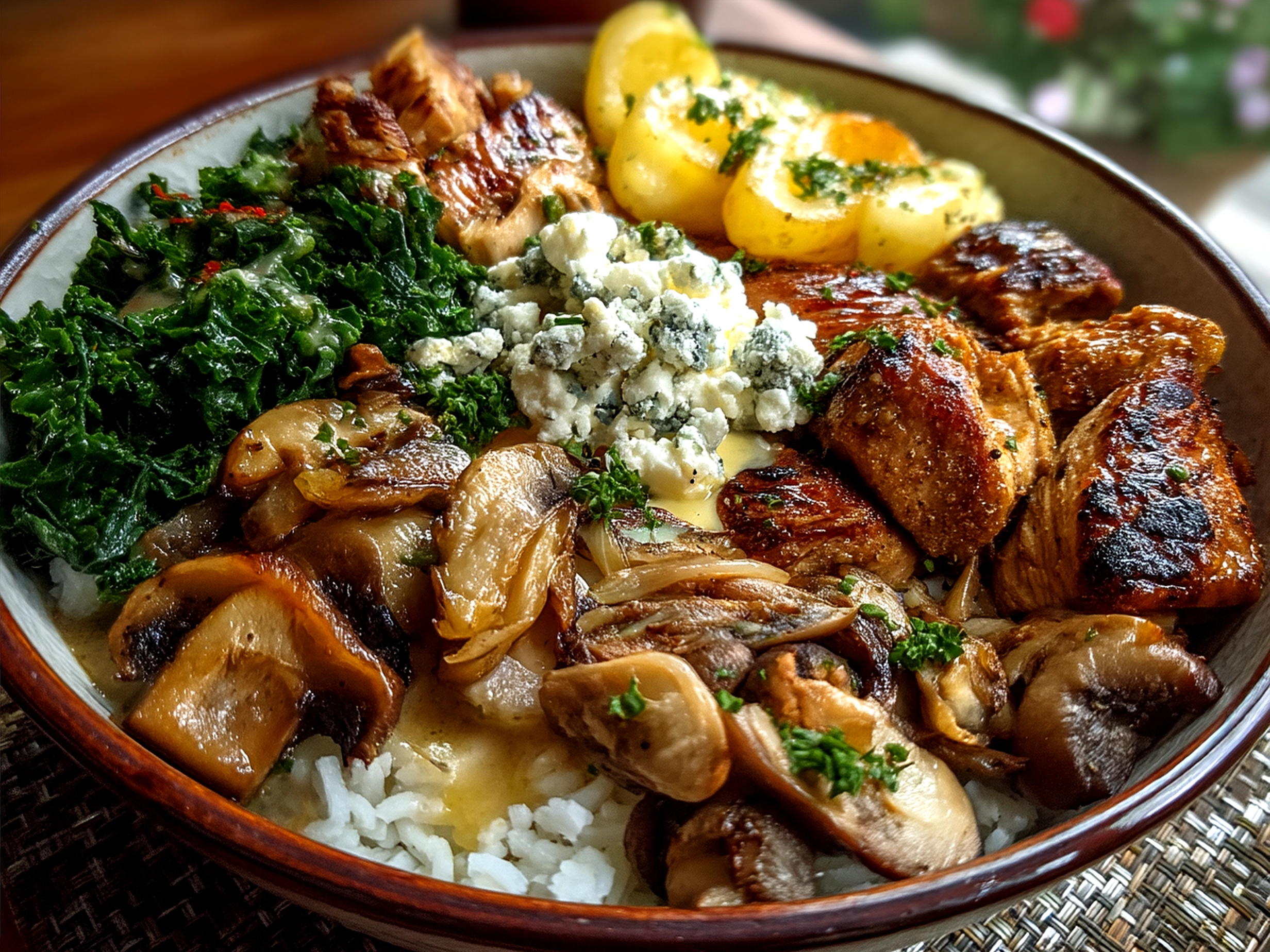 Finished Superbowl Food Nourish Bowl garnished and served on a plate with vibrant fresh ingredients