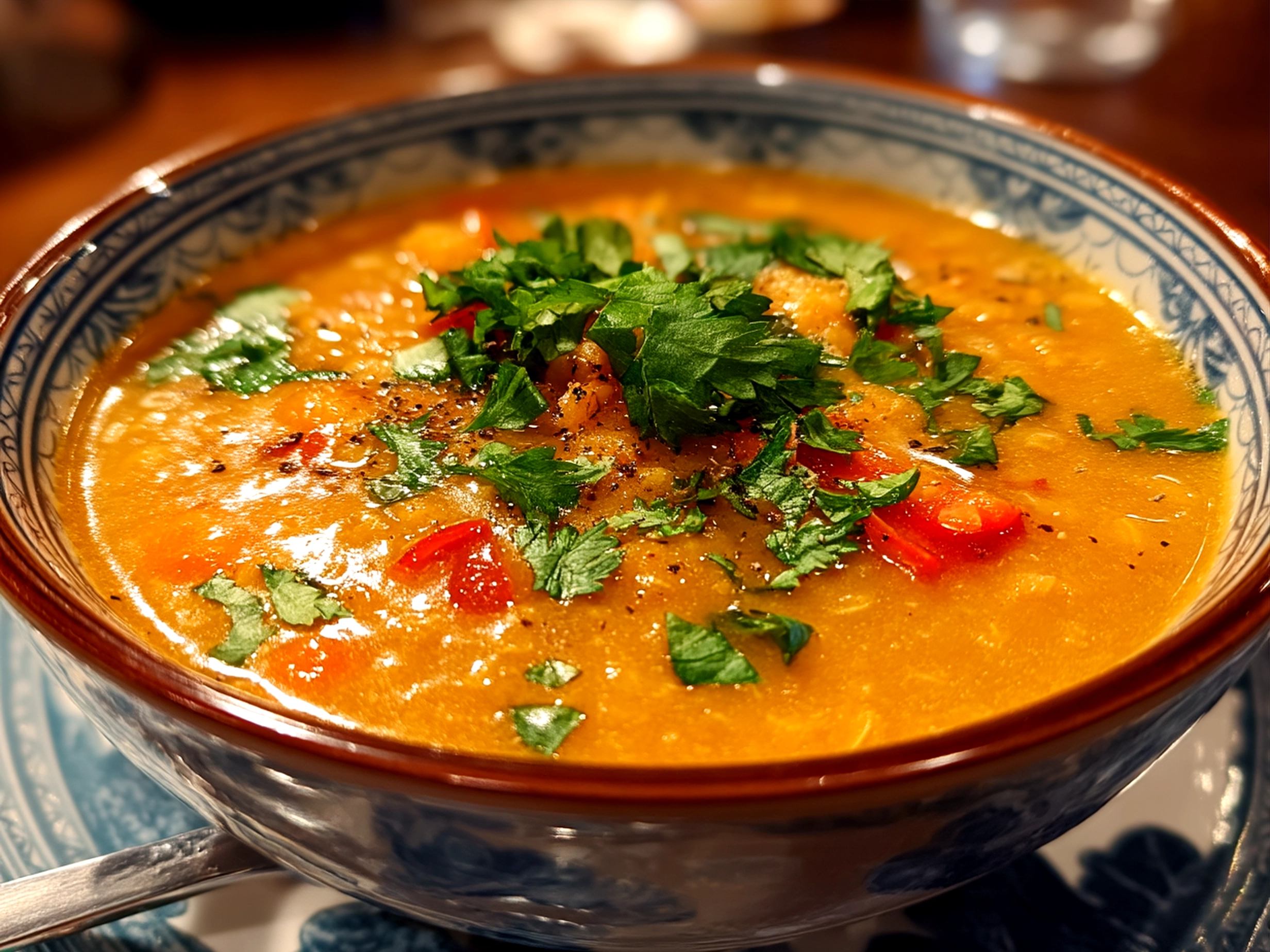 Bowl of Thai Coconut Red Lentil Soup garnished with fresh cilantro