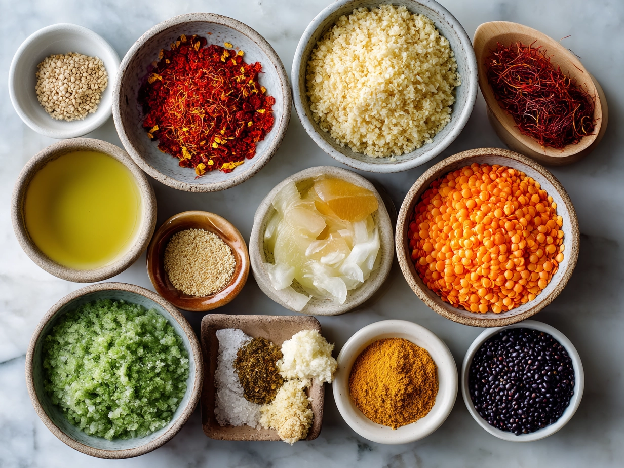 Ingredients for Thai Coconut Red Lentil Soup laid out on a surface