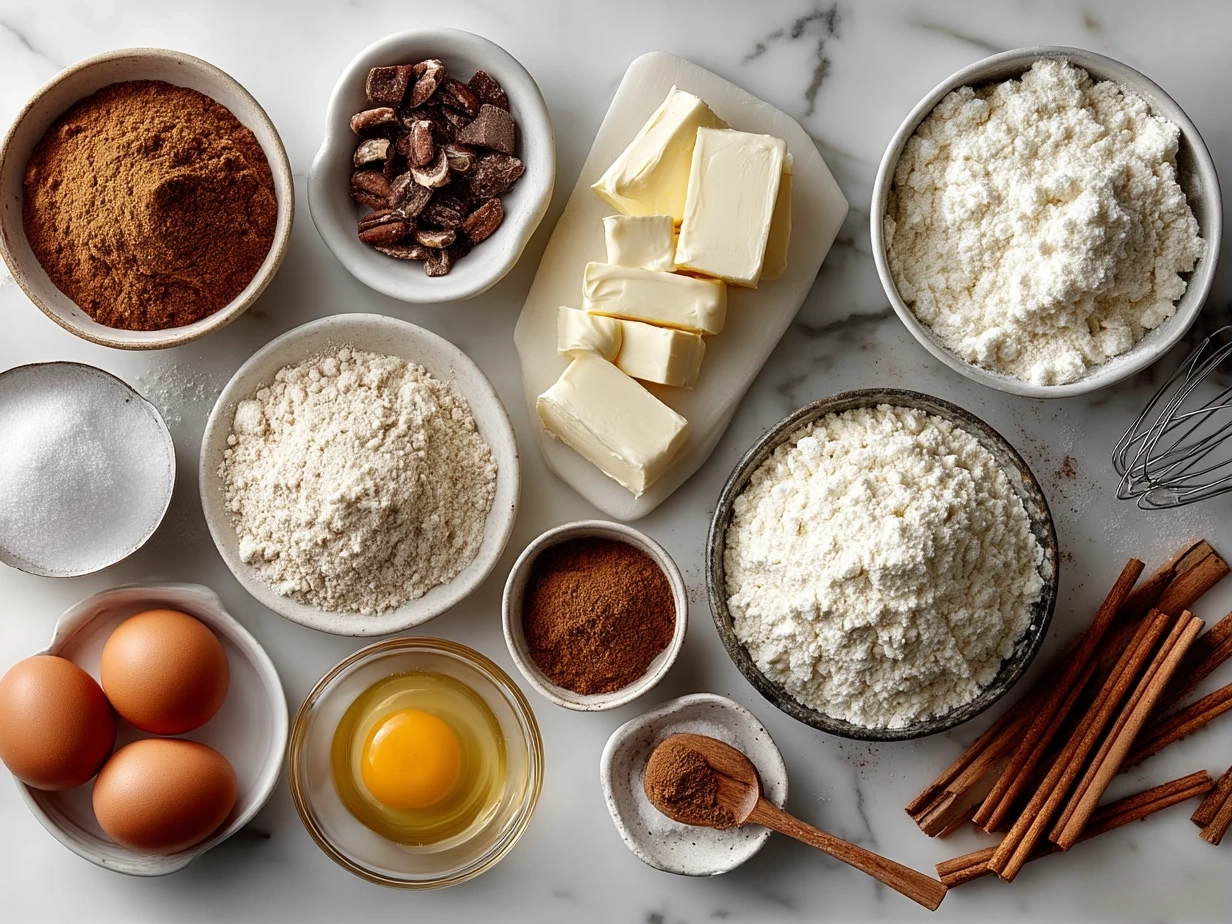 Top-down view of ingredients for Cinnamon Roll Cheesecake Cookies on a wooden surface