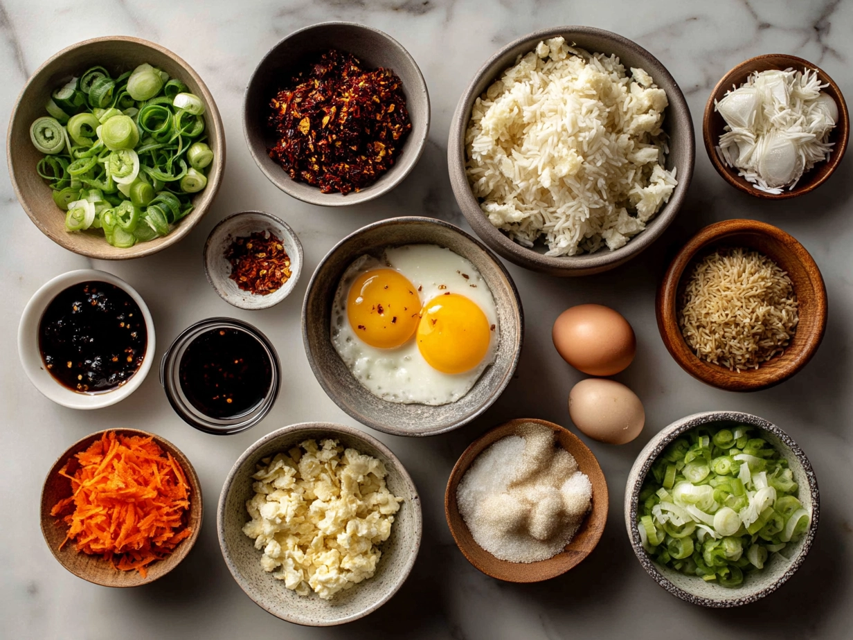 Top down view of raw ingredients for Bang Bang Fried Rice on a marble surface