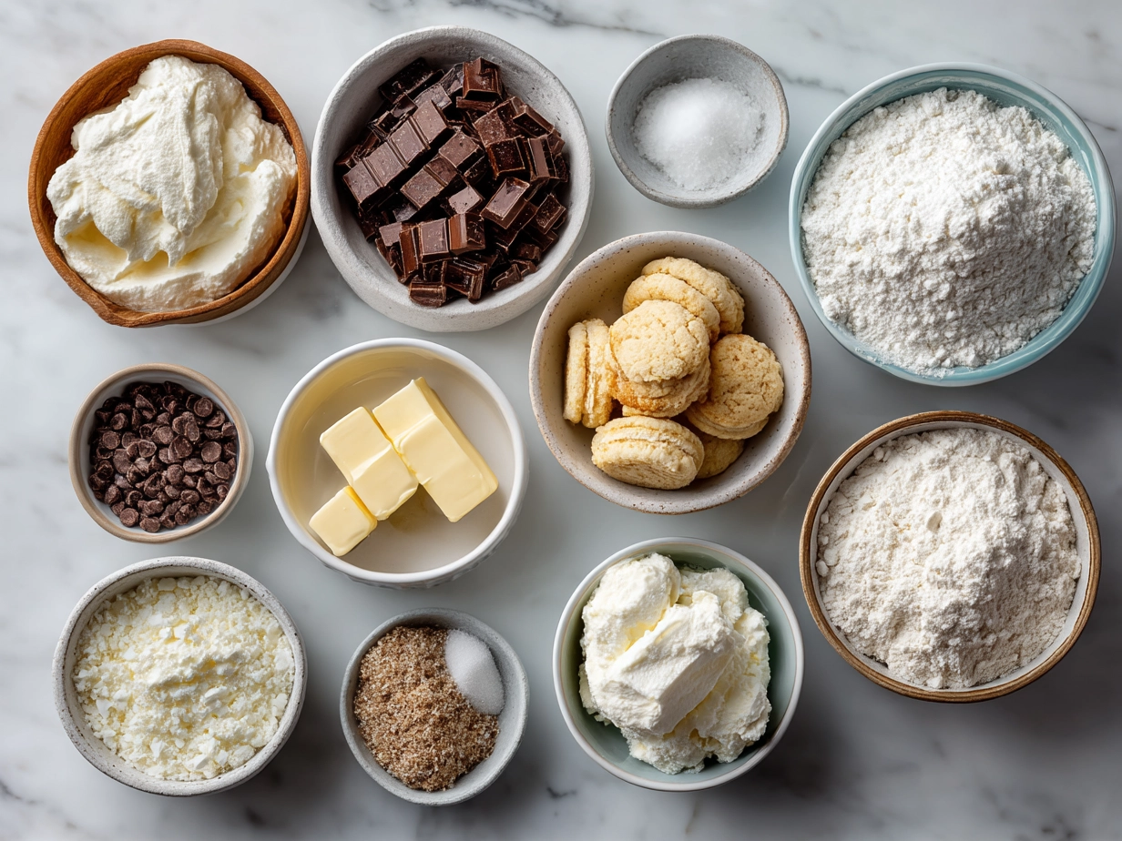 Top down raw ingredients for Basketball Ice Cream Cookie Sandwiches on marble, modern kitchen organized mise en place.