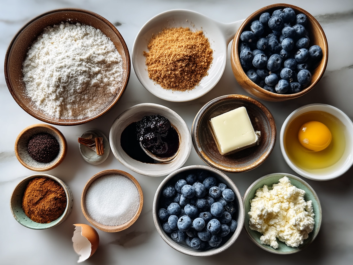 Top down view of raw ingredients for blueberry sour cream coffee cake on a marble surface