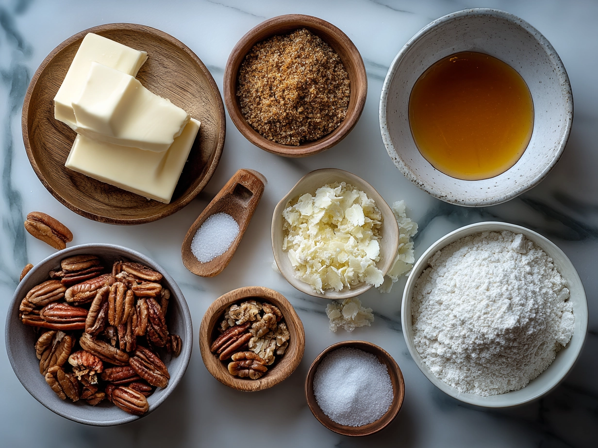 Ingredients for Caramel Butter Pecan Praline Poke Cake laid out on a dark surface