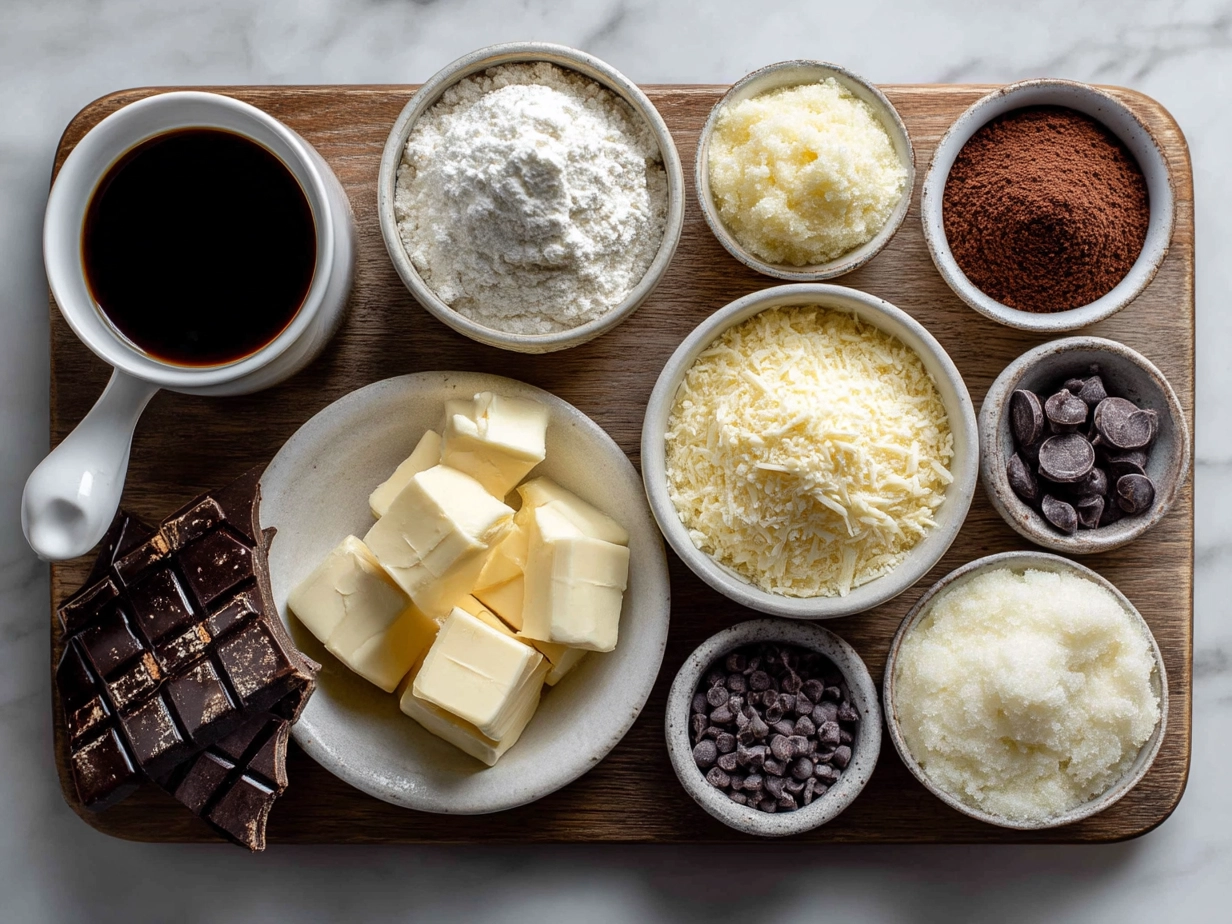 Top down view of raw ingredients for chocolate gnome cheesecakes on marble counter
