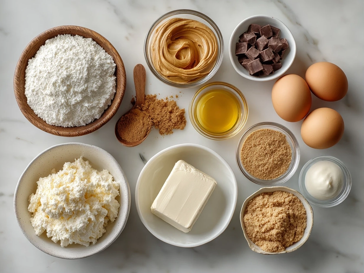 Ingredients for Cottage Cheese Peanut Butter Mousse including cottage cheese, peanut butter, honey, vanilla, cinnamon, and milk