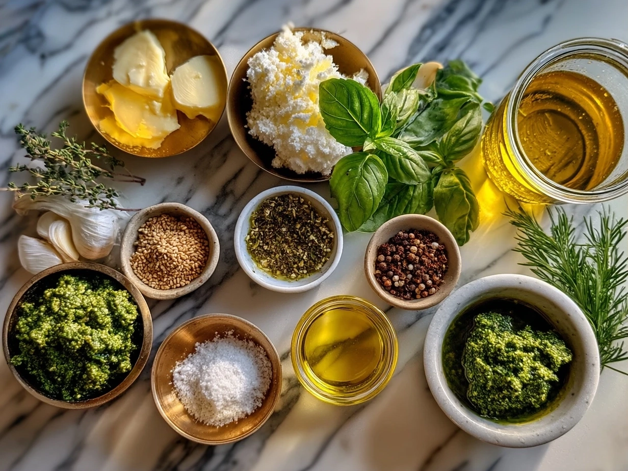 Top down view of raw ingredients for Creamy Pesto Aioli on marble surface