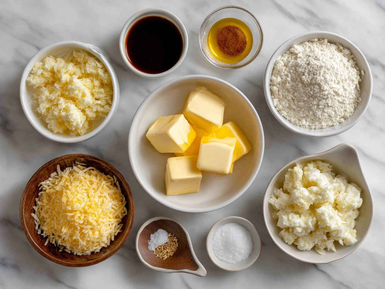 Ingredients laid out for Funeral Potatoes recipe including cheese, hash browns, and cream of chicken soup