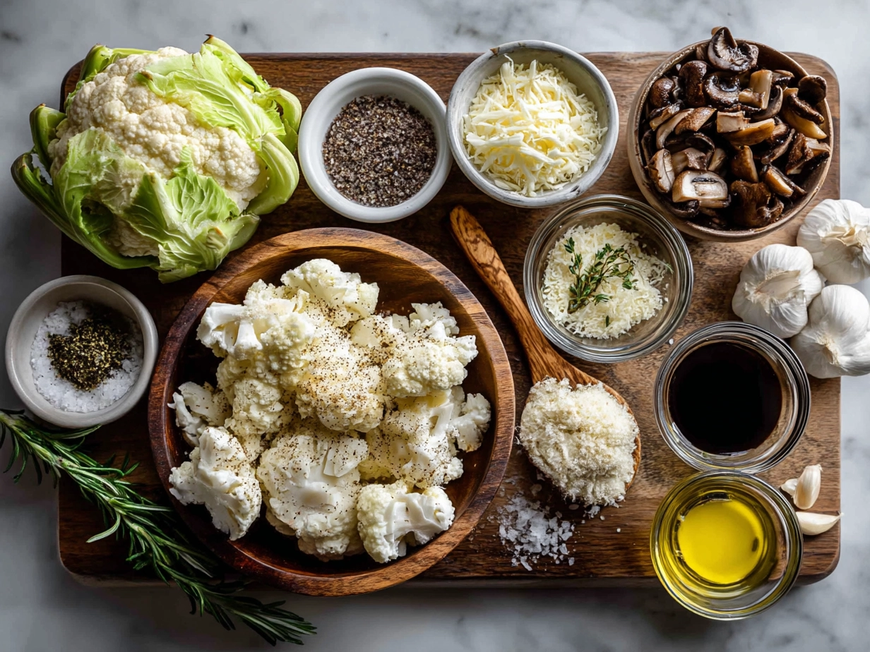 Raw ingredients for Garlic Cauliflower Mushroom Skillet laid out on a wooden surface