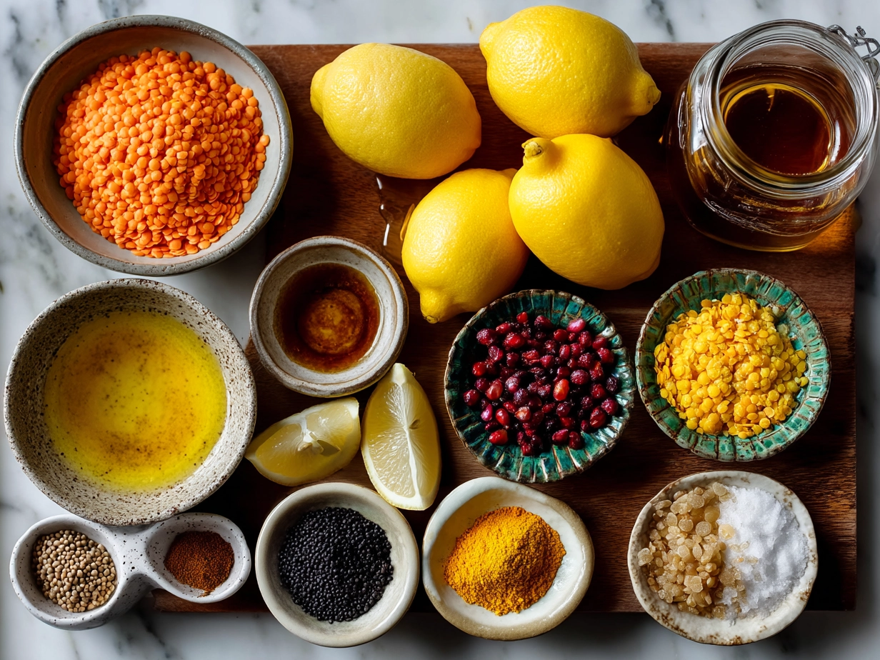 Top-down view of raw ingredients for lemon lentil soup on marble surface