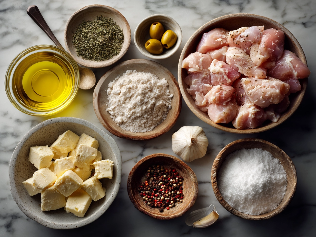 Top-down view of raw ingredients for melt-in-your-mouth chicken on marble countertop, kitchen mise en place