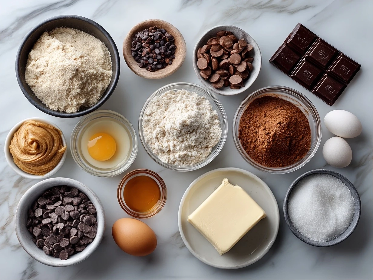 Top down view of raw ingredients for Peanut Butter Cup Chocolate Roll including eggs, sugar, cocoa powder and peanut butter