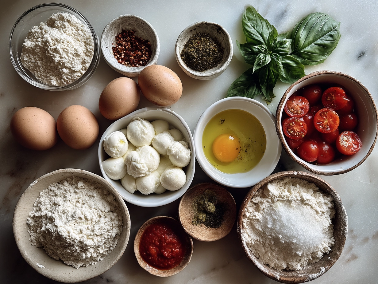 Top down shot of raw ingredients for Puff Pastry Caprese on marble surface
