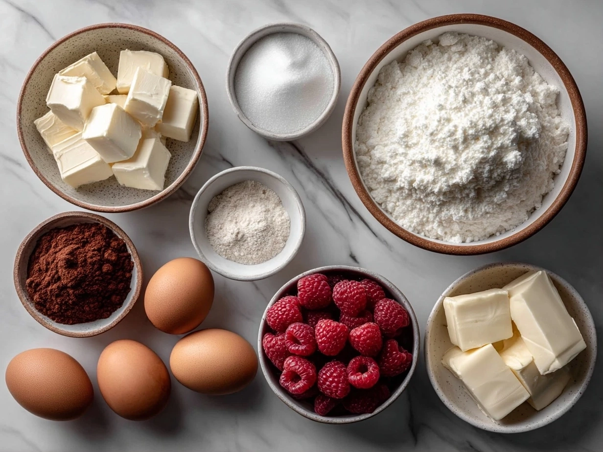 Raw ingredients for making Raspberry Cheesecake Truffles on a table