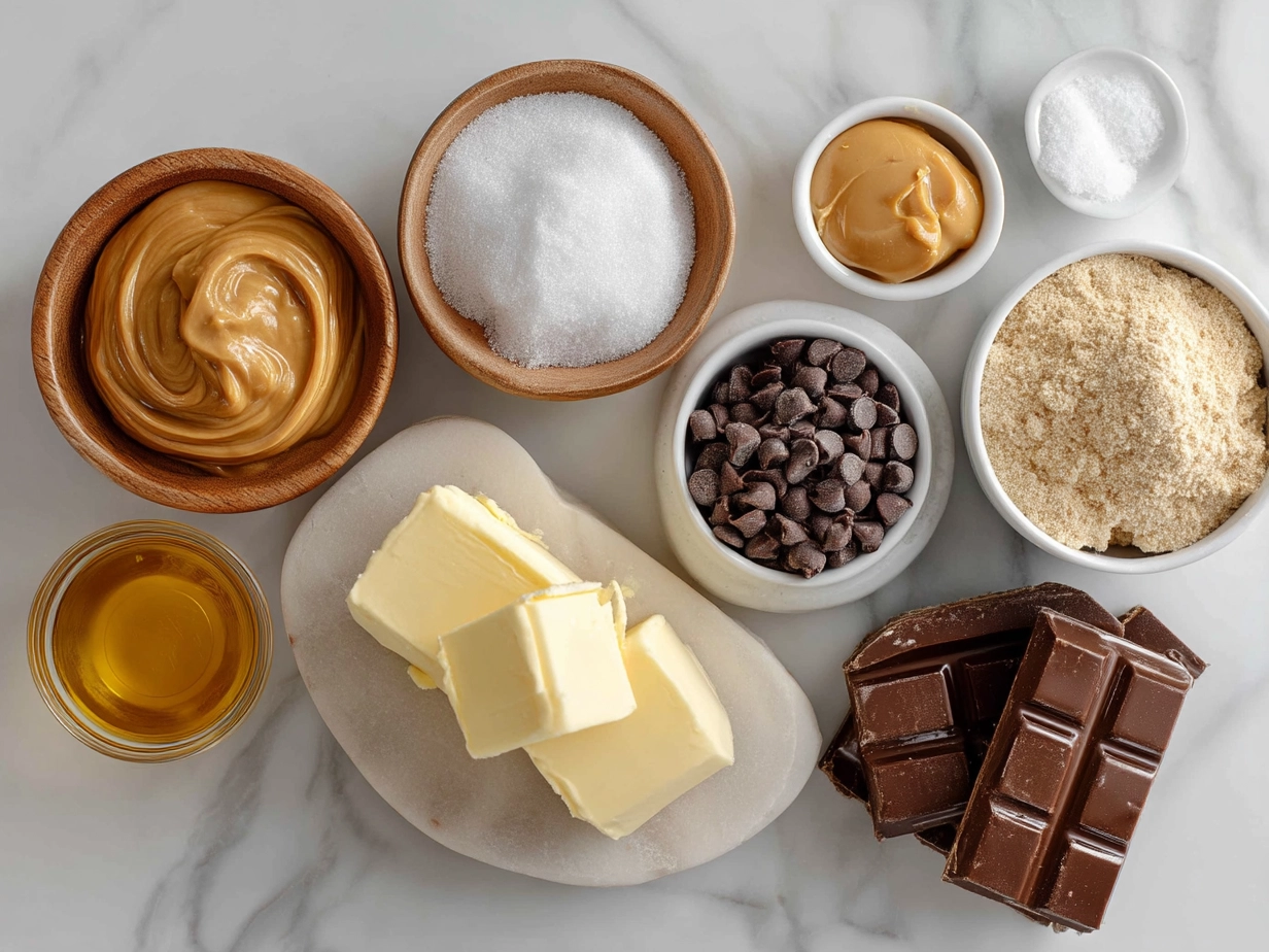 Raw ingredients for Reeses Peanut Butter Cups laid out top down including peanut butter, chocolate chips, powdered sugar, butter