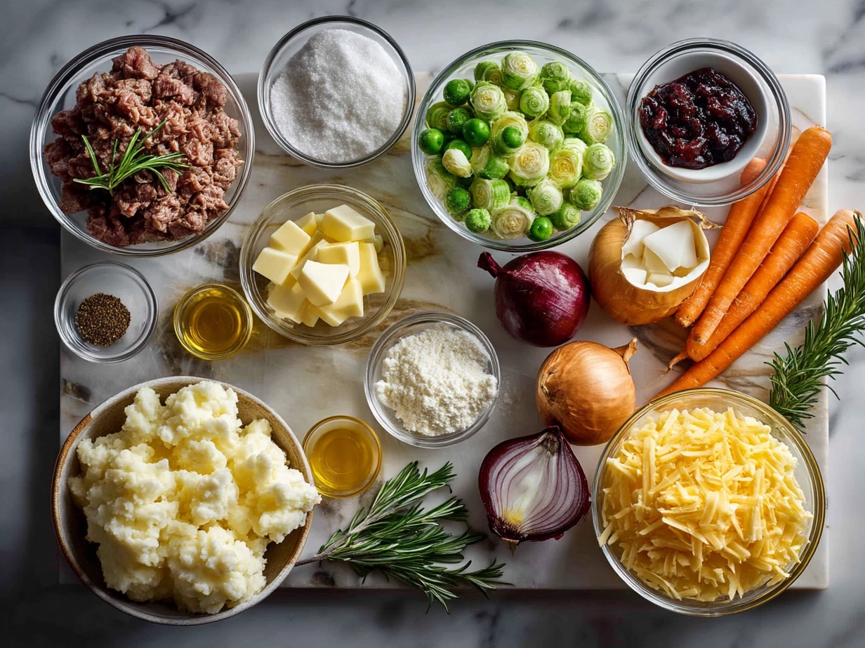 Top down raw ingredients for Shepherds Pie on marble, modern kitchen organized mise en place