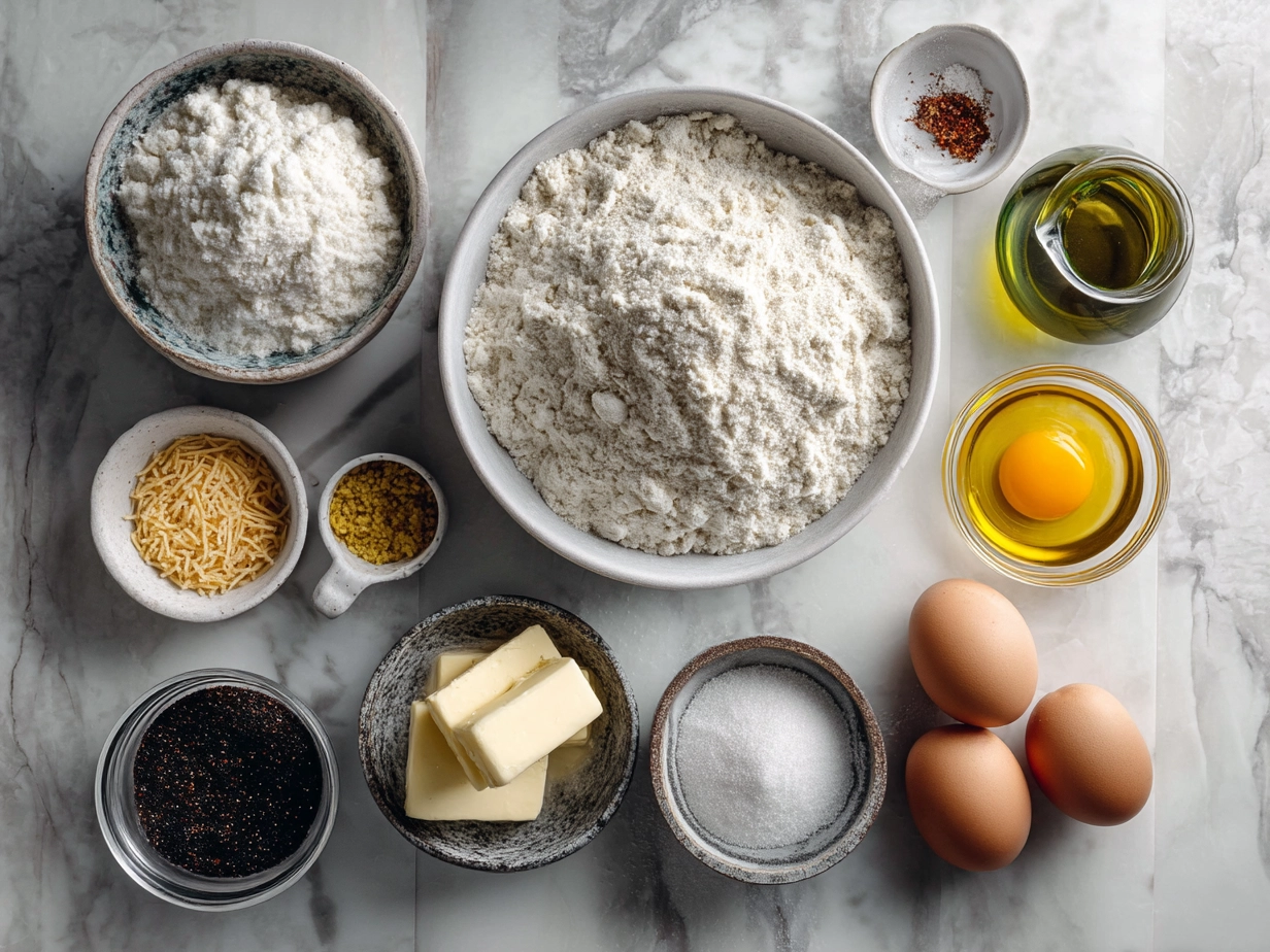 Top down raw ingredients for sourdough cheez-it crackers on marble kitchen counter