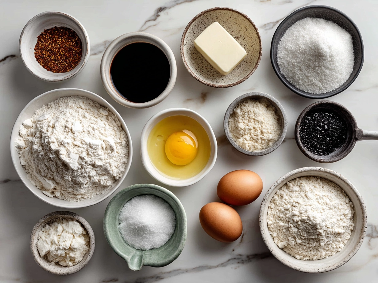 Top down view of raw ingredients for sourdough popovers on a marble surface
