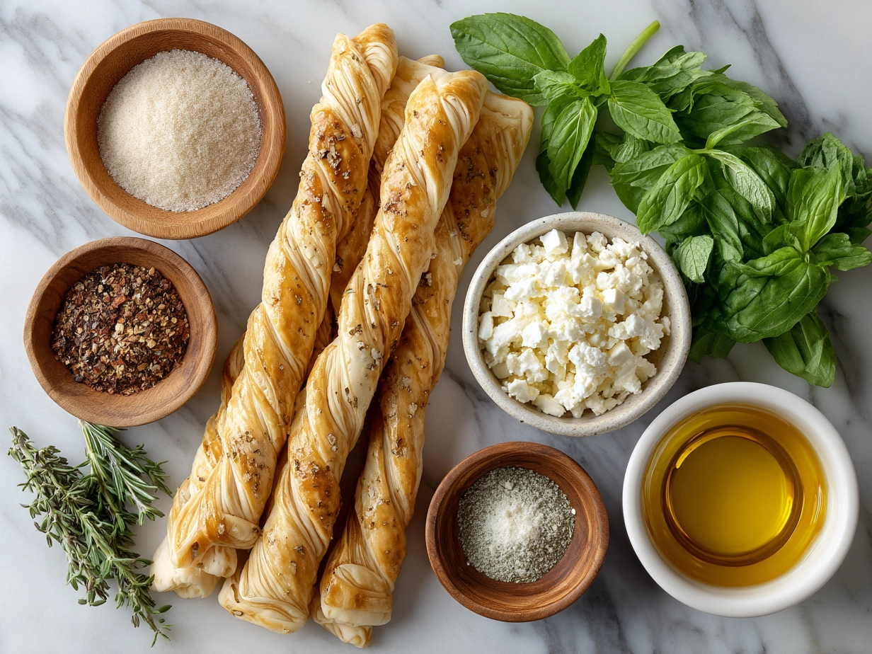 Ingredients for Spinach and Feta Puff Pastry Twists laid out on a table