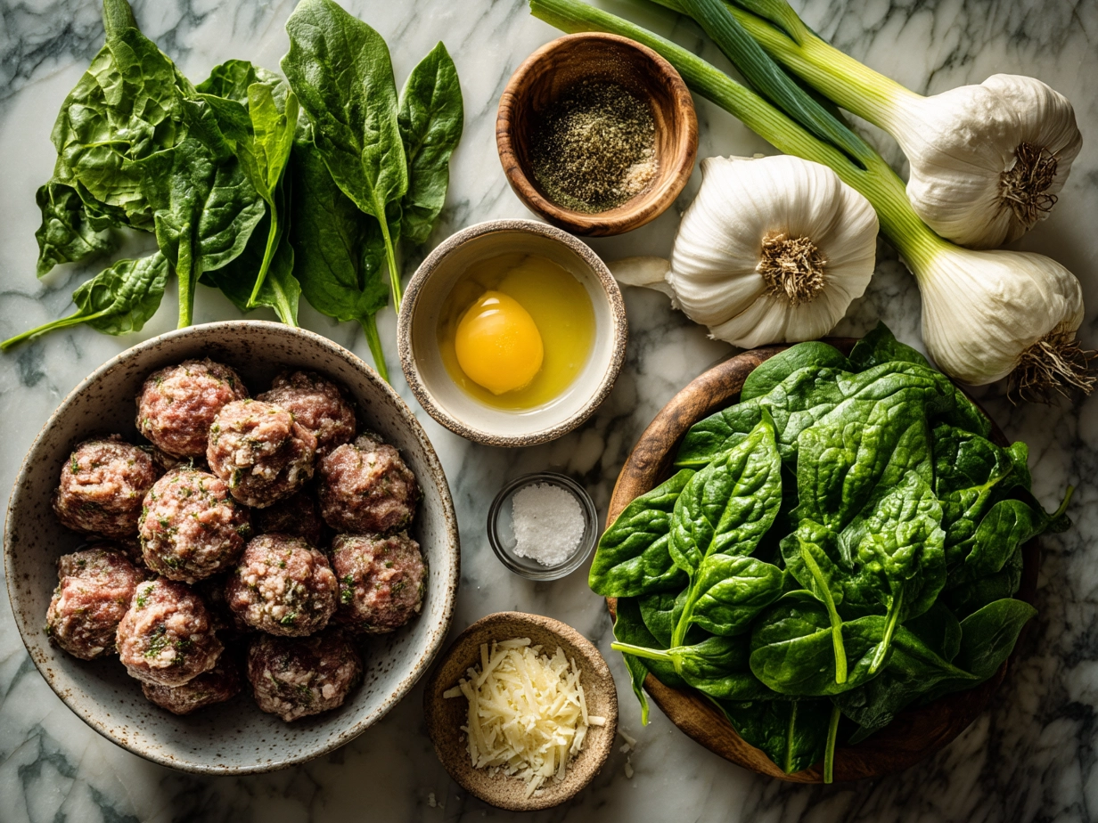 Raw ingredients for spinach garlic meatballs laid out on marble countertop