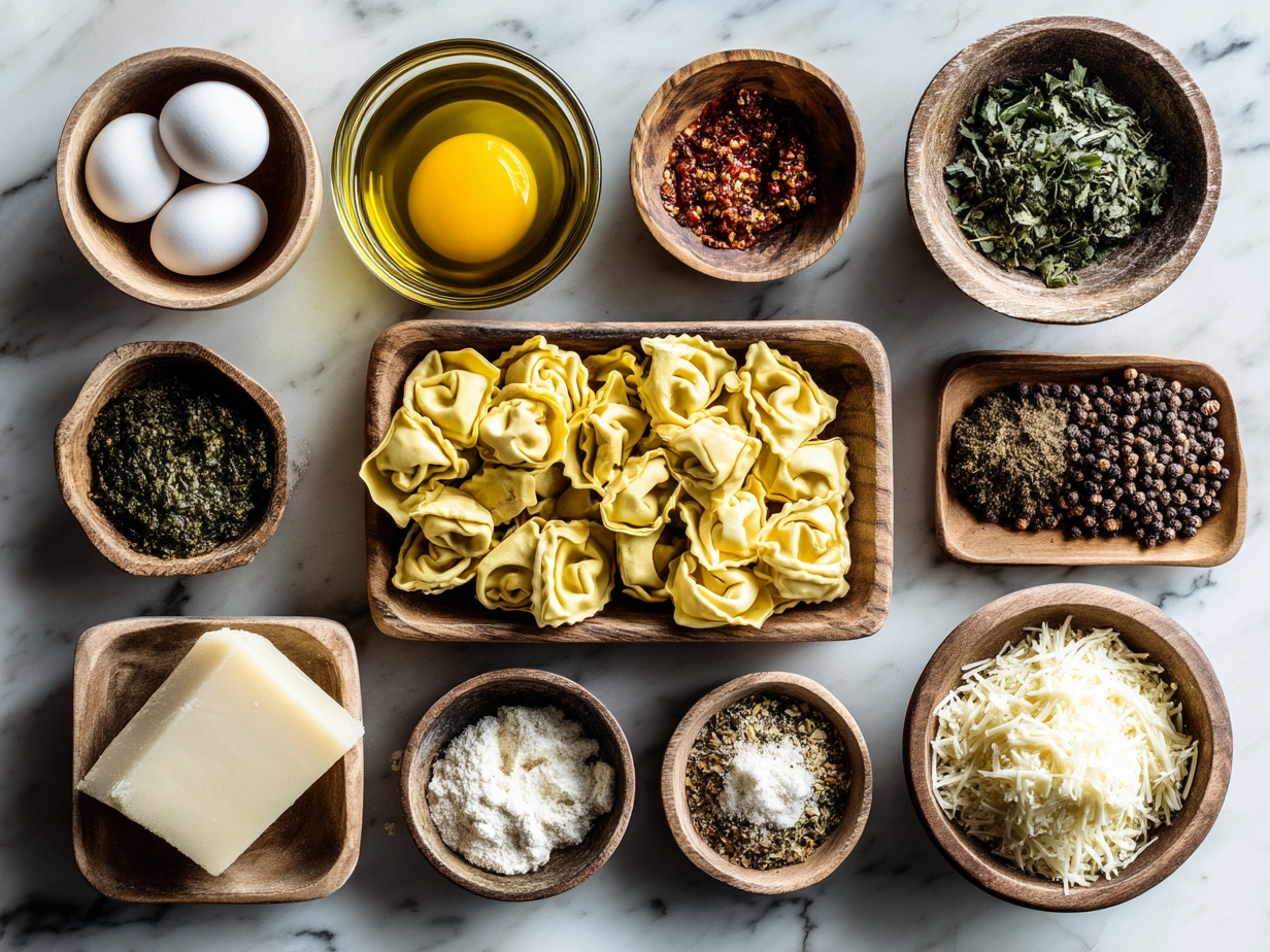 Top-down view of raw ingredients for tortellini soup on marble kitchen surface