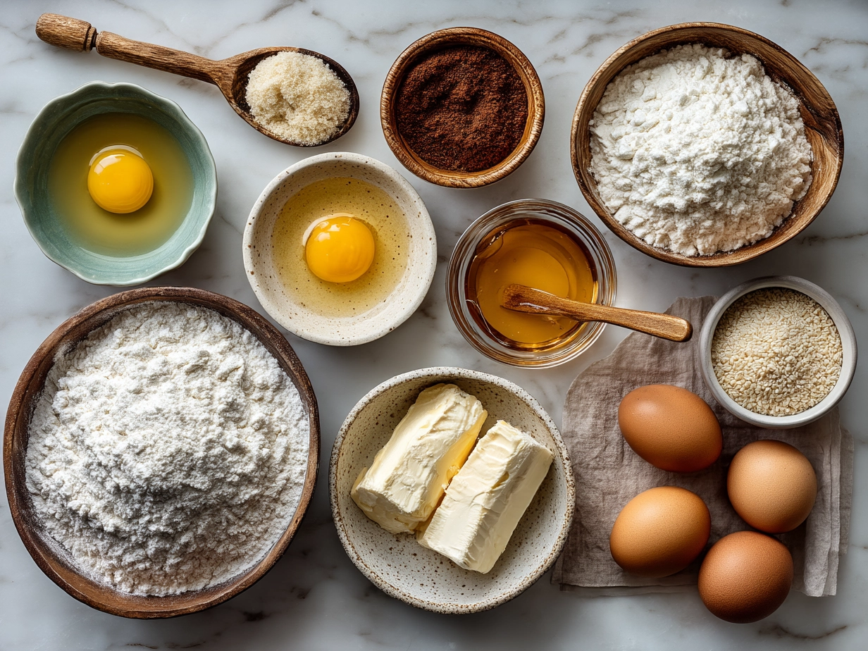 Top down view of raw ingredients for Traditional King Cake on marble surface