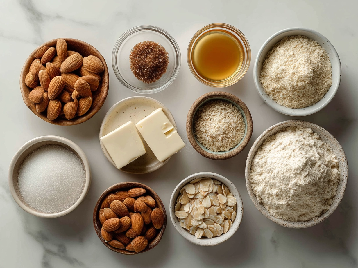 Raw ingredients including almond flour, sugar, almond paste, egg white, almond extract, and baking powder for Triple Almond Cookies on a marble surface