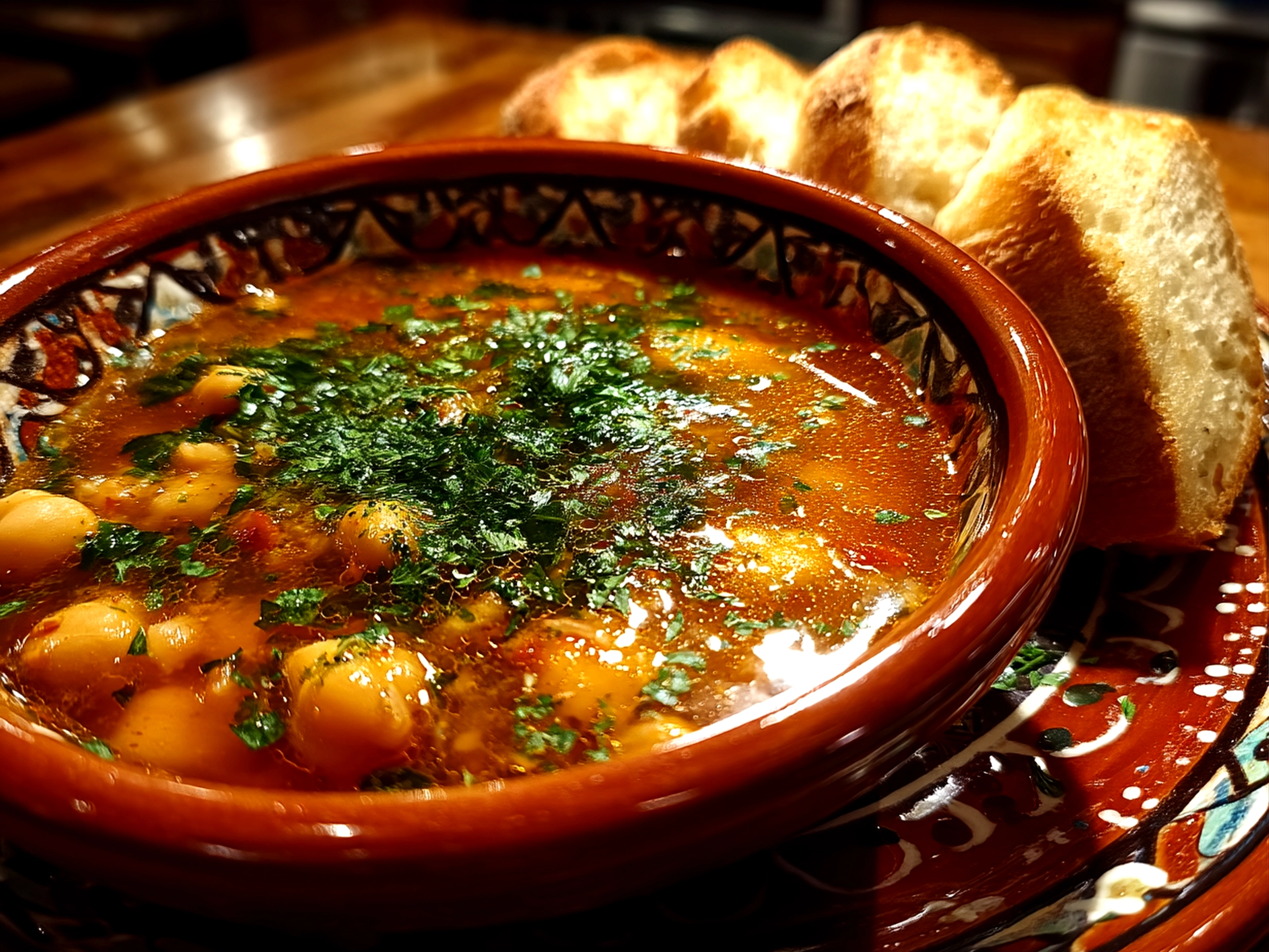 Bowl of Tuscan Chickpea Soup served with crusty bread on a wooden table