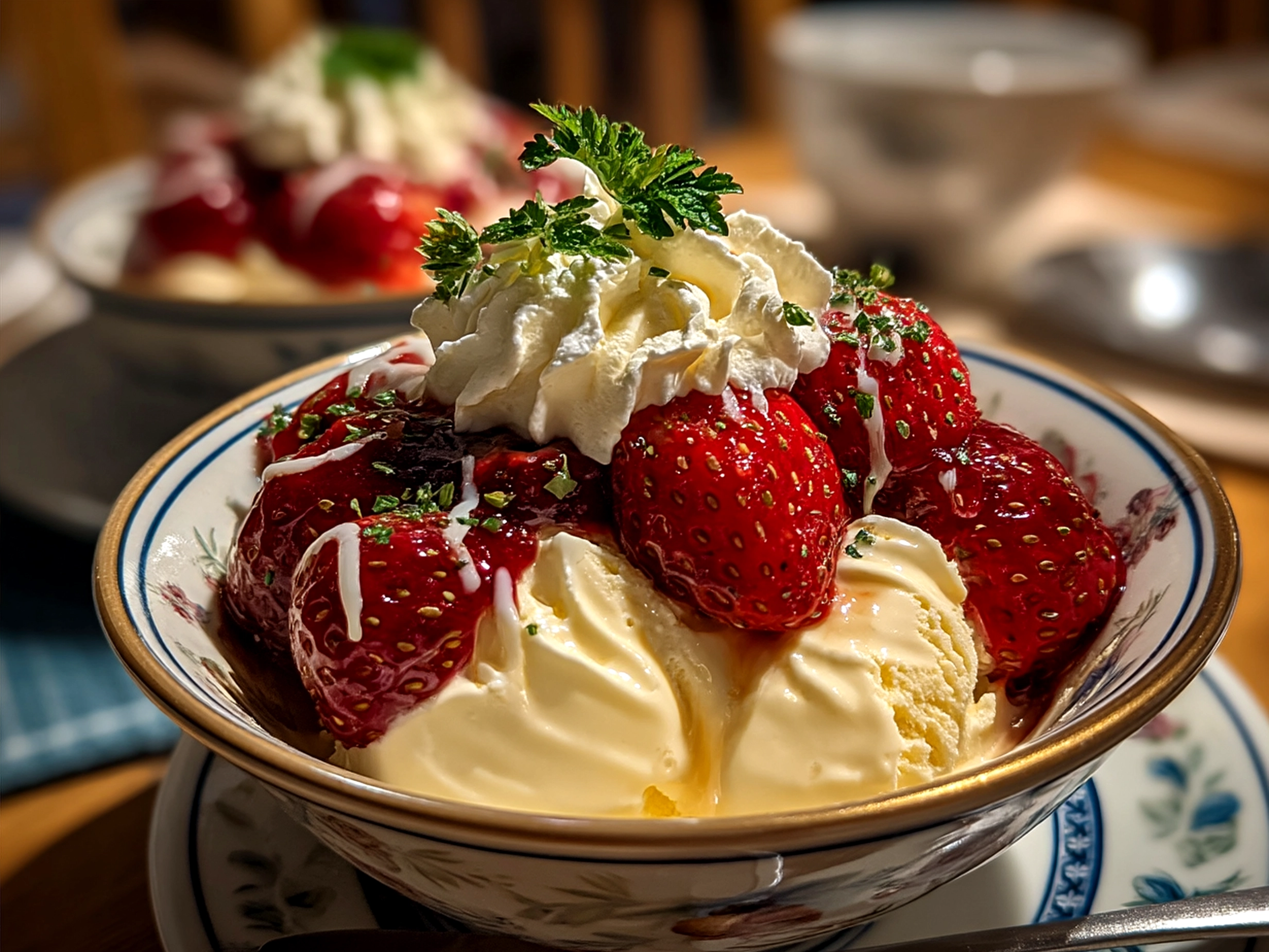 Served Valentines Cakes Nice Cream Bowl garnished with fresh berries and mint leaves