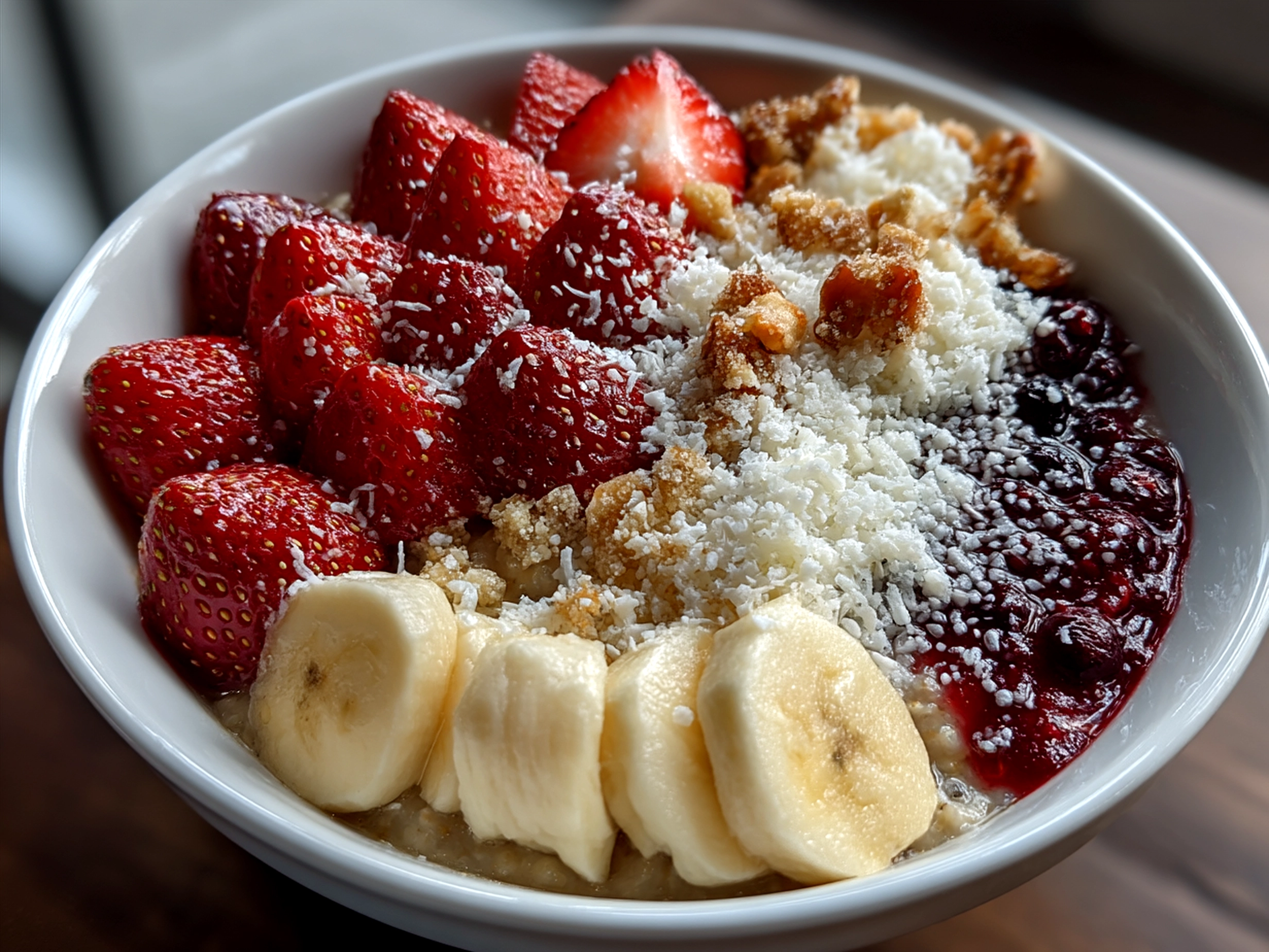 Served Valentines Oatmeal Bowl topped with berries and heart-shaped oatmeal