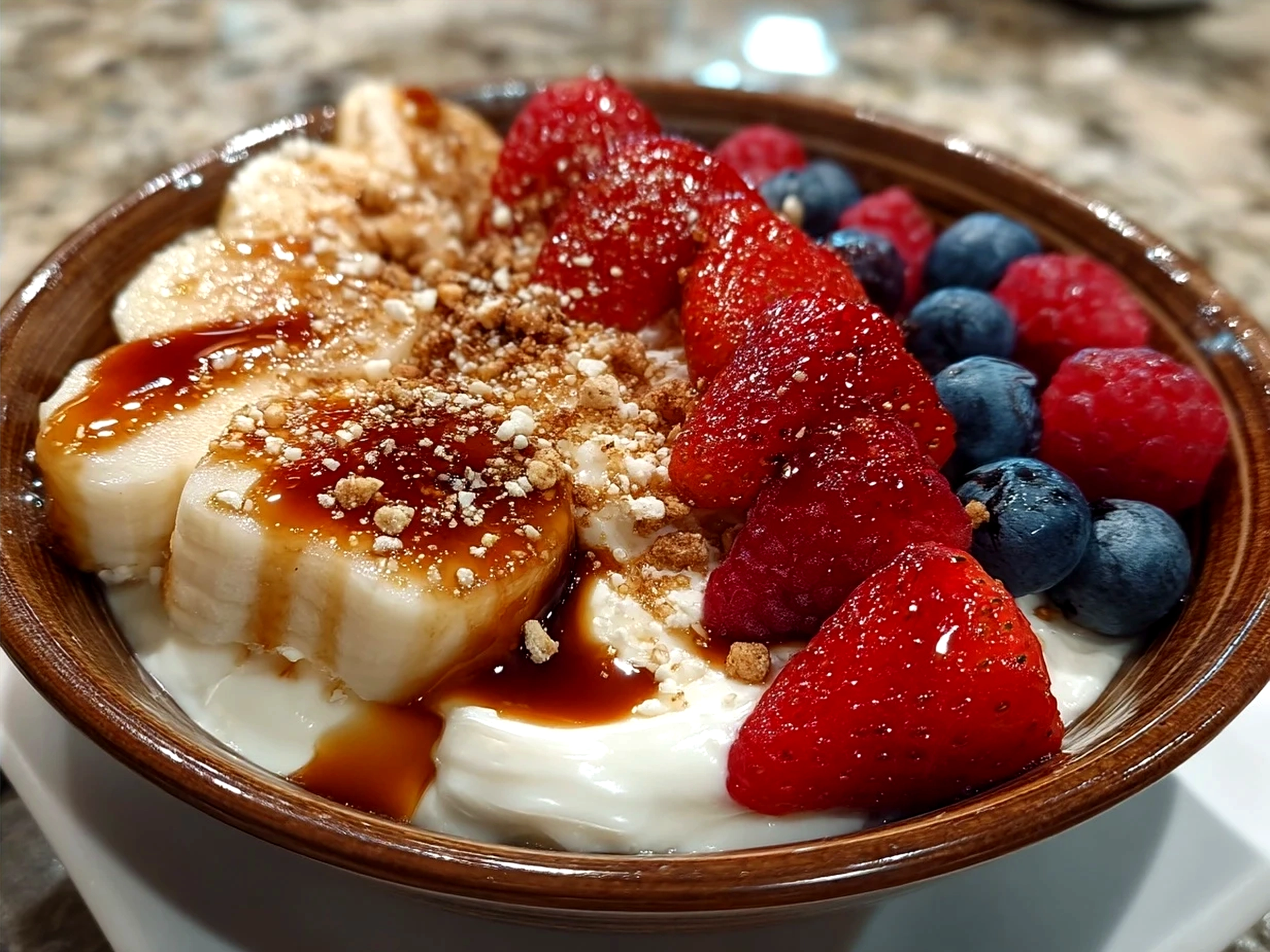 Final Valentine Treats Greek Yogurt Bowl with red and pink fruit toppings and honey drizzle