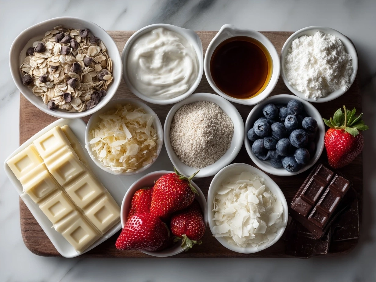 Ingredients for Valentine Treats Greek Yogurt Bowl including fresh berries, pomegranate seeds, honey, granola and Greek yogurt